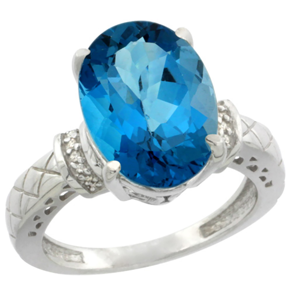 14K White Gold Diamond Natural London Blue Topaz Ring Oval 14x10mm, sizes 5-10