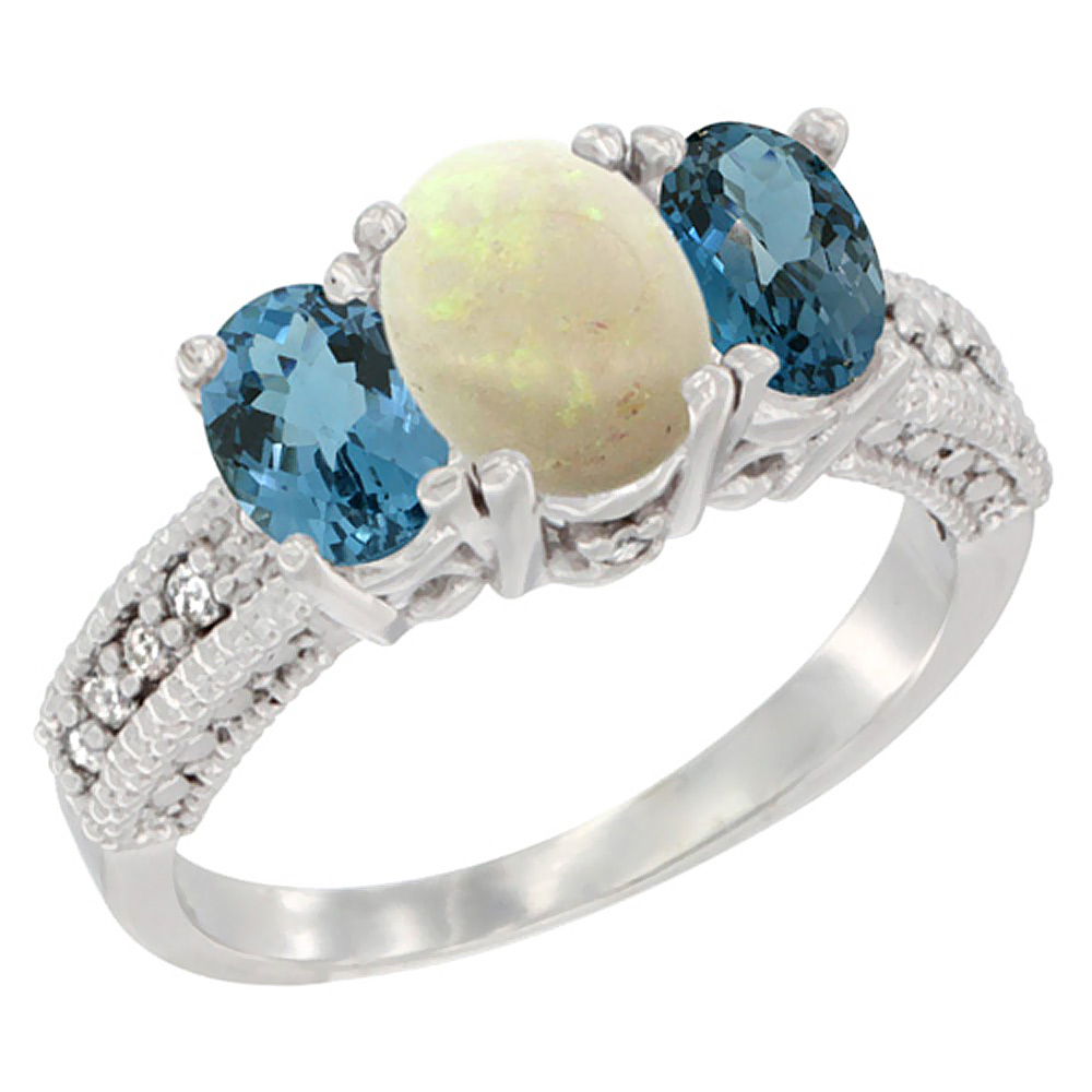 10K White Gold Diamond Natural Opal Ring Oval 3-stone with London Blue Topaz, sizes 5 - 10