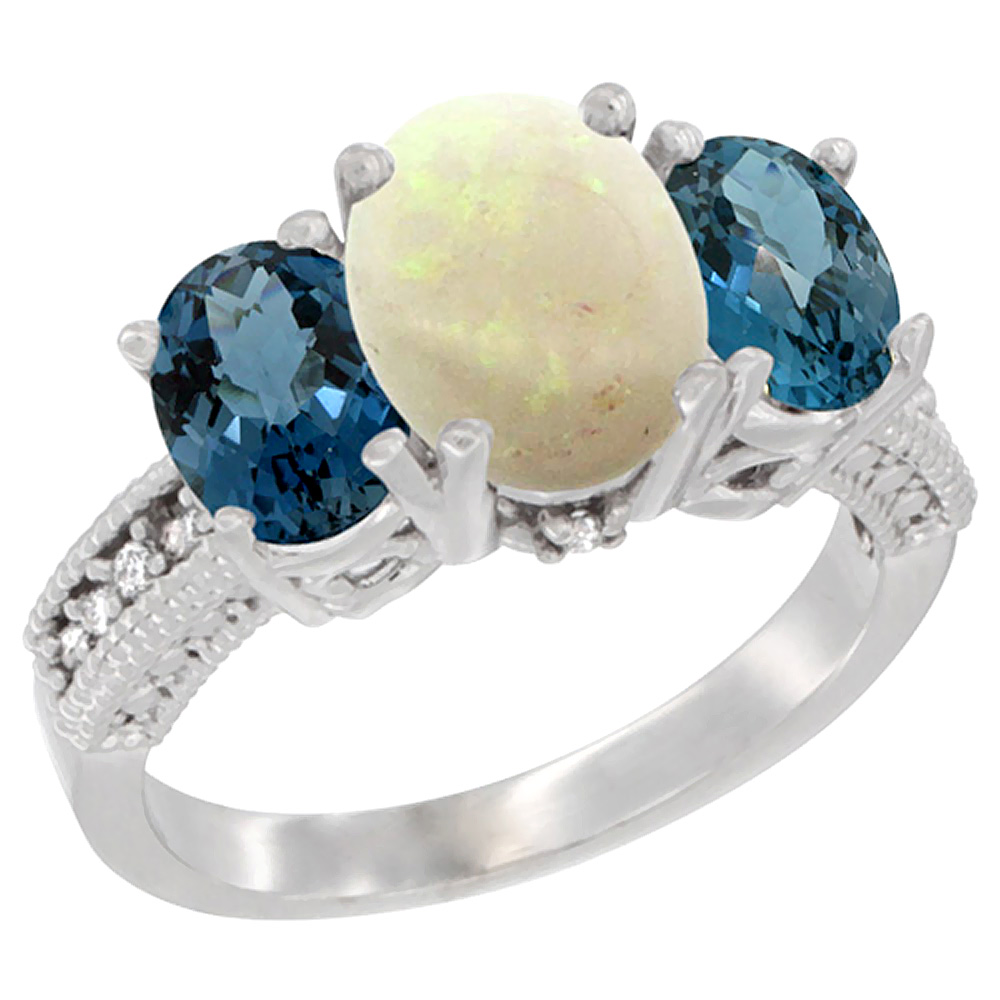14K White Gold Diamond Natural Opal Ring 3-Stone Oval 8x6mm with London Blue Topaz, sizes5-10