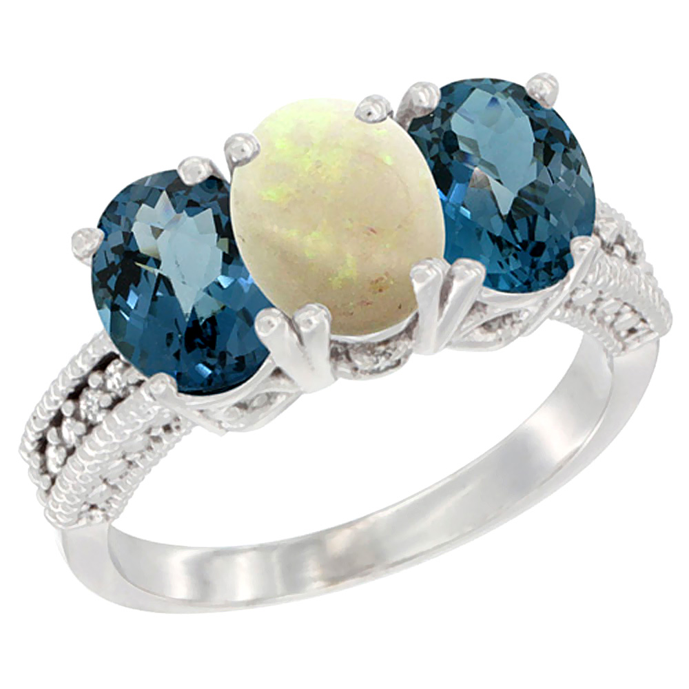 14K White Gold Natural Opal &amp; London Blue Topaz Sides Ring 3-Stone 7x5 mm Oval Diamond Accent, sizes 5 - 10