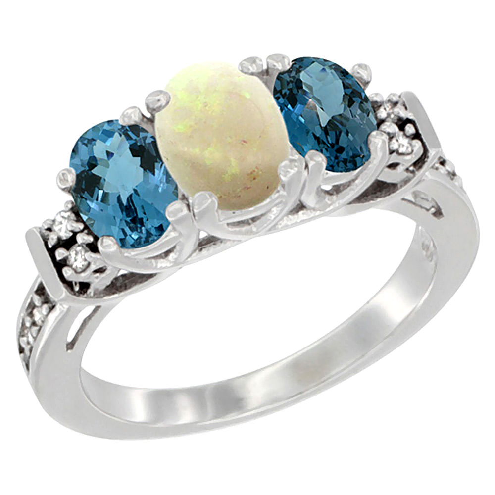 14K White Gold Natural Opal &amp; London Blue Ring 3-Stone Oval Diamond Accent, sizes 5-10
