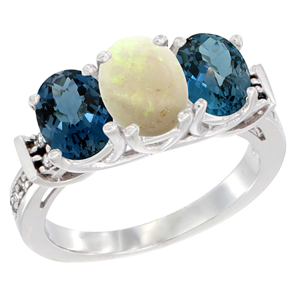 10K White Gold Natural Opal & London Blue Topaz Sides Ring 3-Stone Oval Diamond Accent, sizes 5 - 10