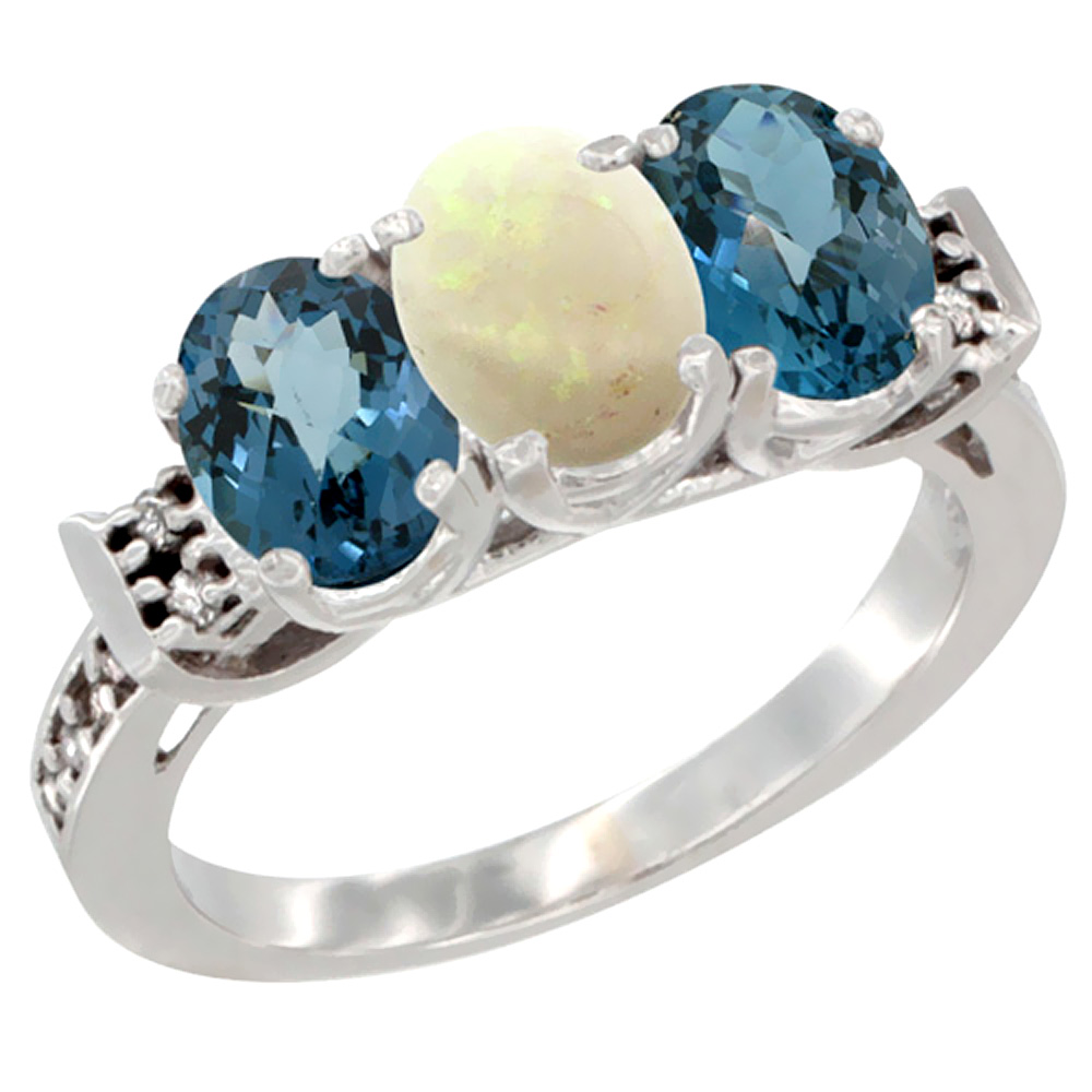 10K White Gold Natural Opal &amp; London Blue Topaz Sides Ring 3-Stone Oval 7x5 mm Diamond Accent, sizes 5 - 10