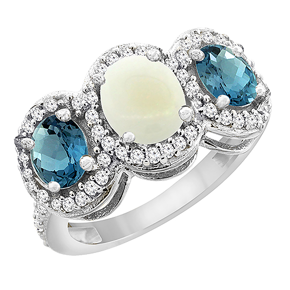 10K White Gold Natural Opal & London Blue Topaz 3-Stone Ring Oval Diamond Accent, sizes 5 - 10