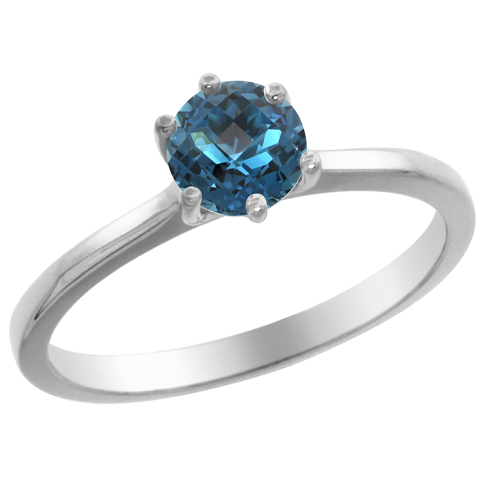 14K White Gold Natural London Blue Topaz Solitaire Ring Round 6mm, sizes 5 - 10