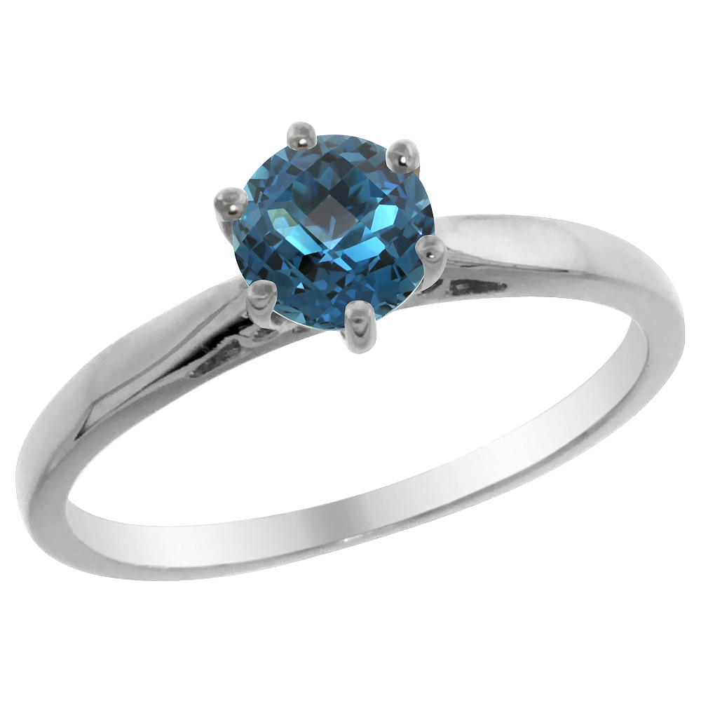 14K Yellow Gold Natural London Blue Topaz Solitaire Ring Round 5mm, sizes 5 - 10