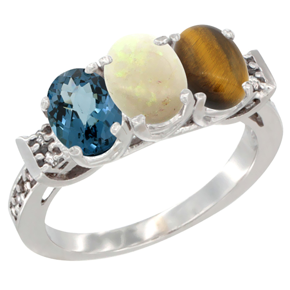 10K White Gold Natural London Blue Topaz, Opal & Tiger Eye Ring 3-Stone Oval 7x5 mm Diamond Accent, sizes 5 - 10
