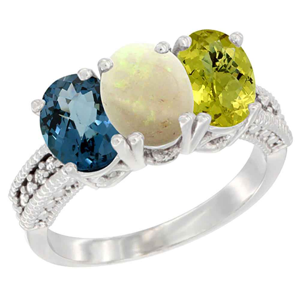 14K White Gold Natural London Blue Topaz, Opal &amp; Lemon Quartz Ring 3-Stone 7x5 mm Oval Diamond Accent, sizes 5 - 10