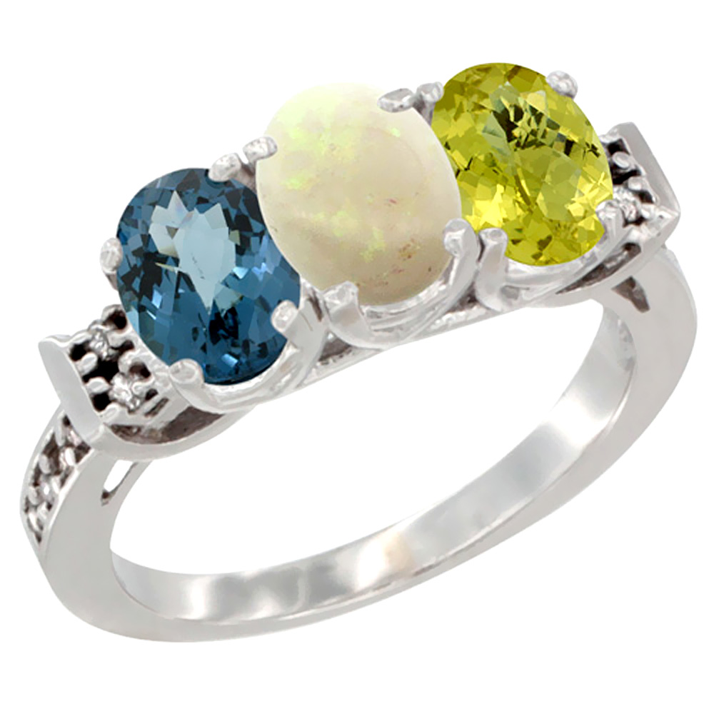10K White Gold Natural London Blue Topaz, Opal & Lemon Quartz Ring 3-Stone Oval 7x5 mm Diamond Accent, sizes 5 - 10