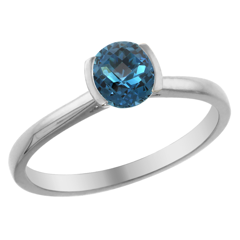 14K White Gold Natural London Blue Topaz Solitaire Ring Round 5mm, sizes 5 - 10