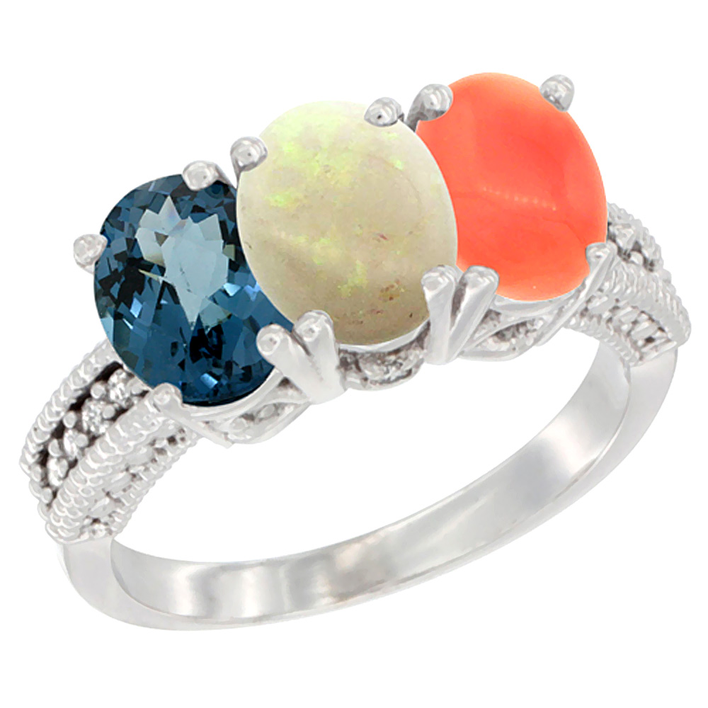14K White Gold Natural London Blue Topaz, Opal &amp; Coral Ring 3-Stone 7x5 mm Oval Diamond Accent, sizes 5 - 10