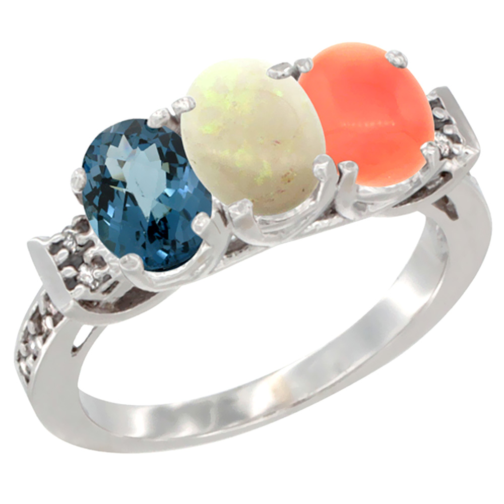 10K White Gold Natural London Blue Topaz, Opal & Coral Ring 3-Stone Oval 7x5 mm Diamond Accent, sizes 5 - 10
