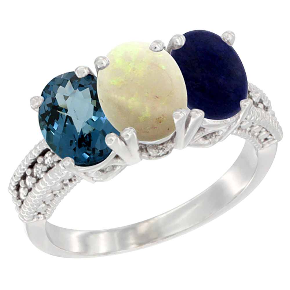 14K White Gold Natural London Blue Topaz, Opal & Lapis Ring 3-Stone 7x5 mm Oval Diamond Accent, sizes 5 - 10