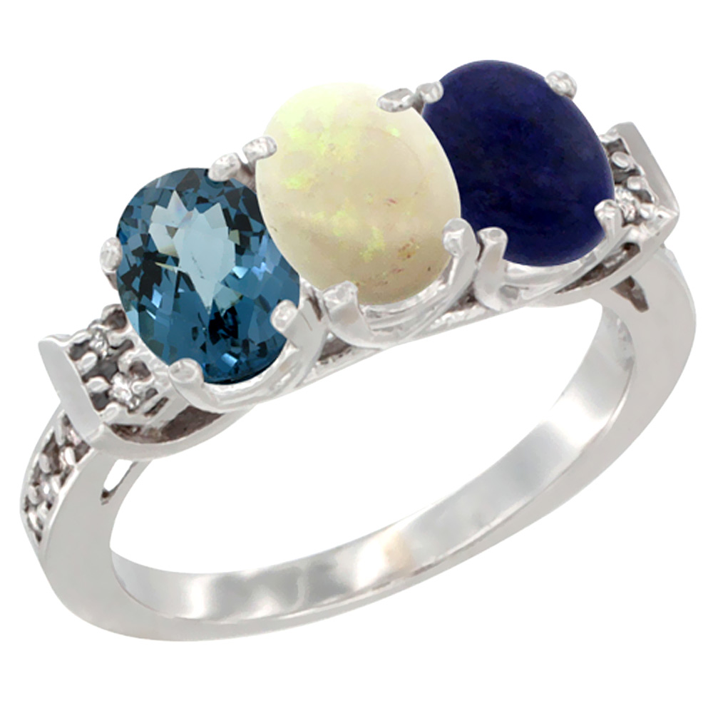 10K White Gold Natural London Blue Topaz, Opal &amp; Lapis Ring 3-Stone Oval 7x5 mm Diamond Accent, sizes 5 - 10