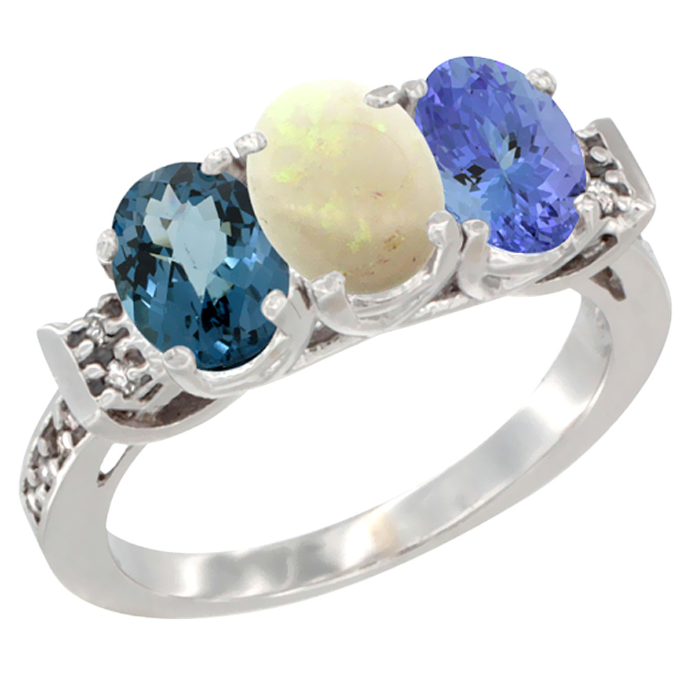 10K White Gold Natural London Blue Topaz, Opal & Tanzanite Ring 3-Stone Oval 7x5 mm Diamond Accent, sizes 5 - 10