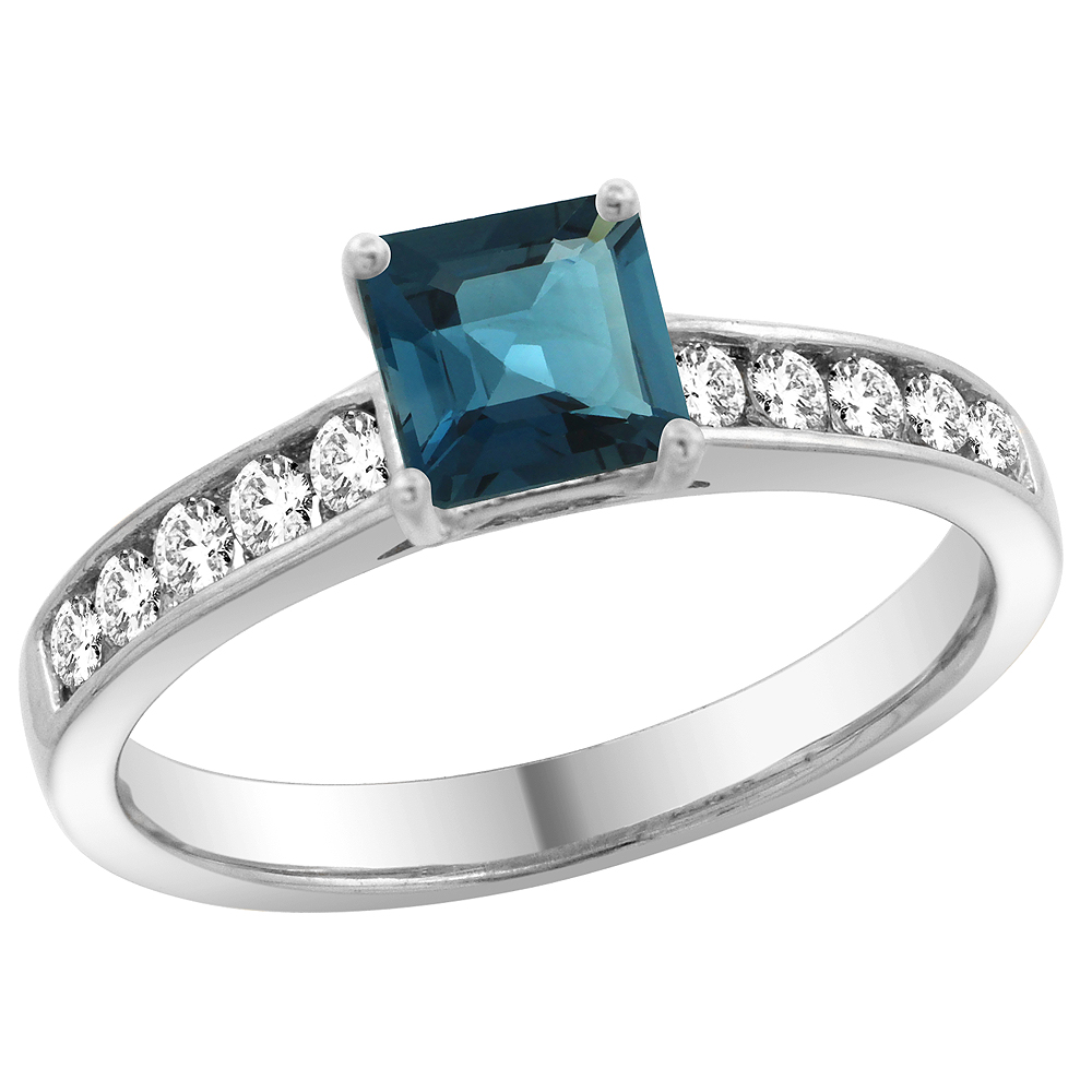 14K White Gold Natural London Blue Topaz Engagement Ring Princess cut 5mm, sizes 5 - 10