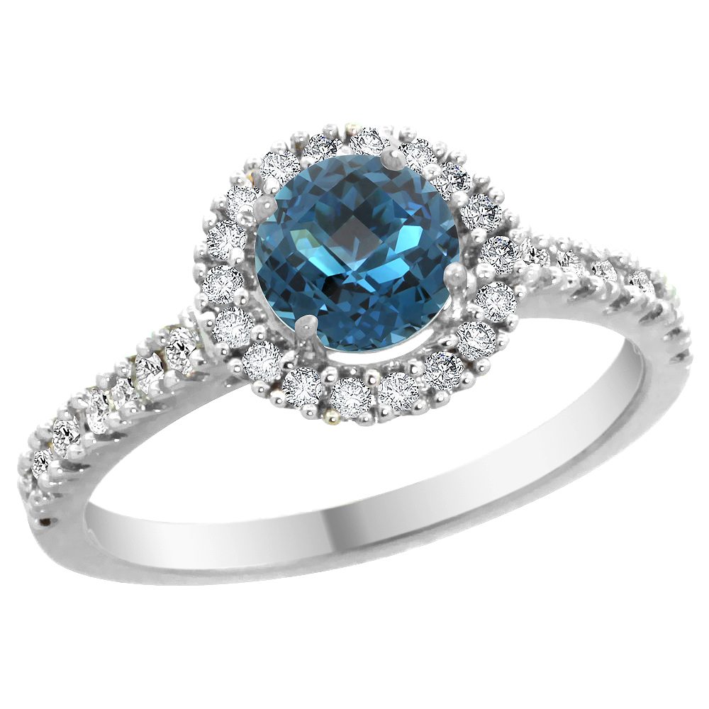 14K White Gold Diamond Halo Natural London Blue Topaz Ring Round 6mm, sizes 5 - 10