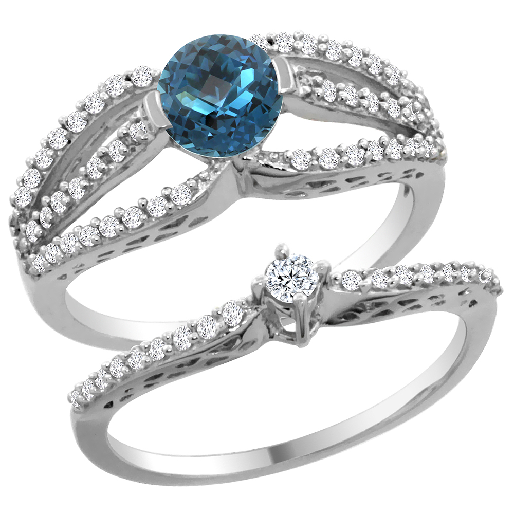 14K White Gold Natural London Blue Topaz 2-piece Engagement Ring Set Round 5mm, sizes 5 - 10