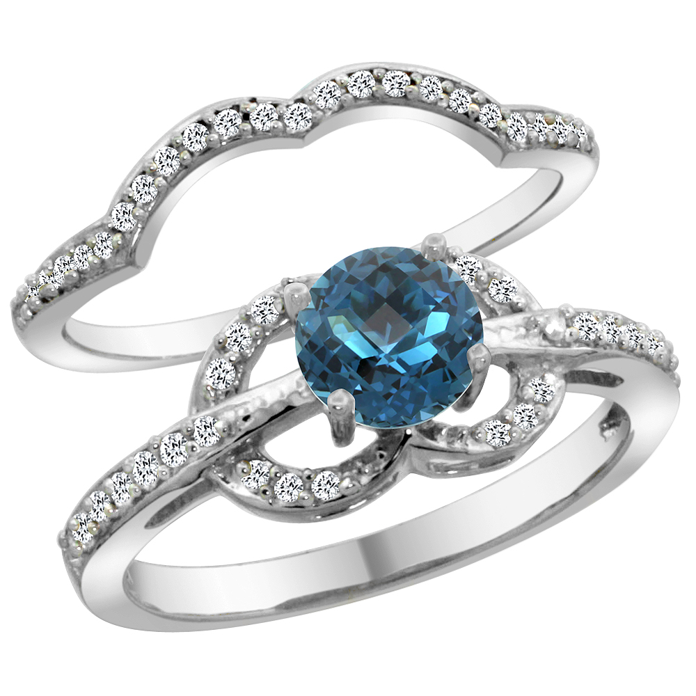 14K White Gold Natural London Blue Topaz 2-piece Engagement Ring Set Round 6mm, sizes 5 - 10