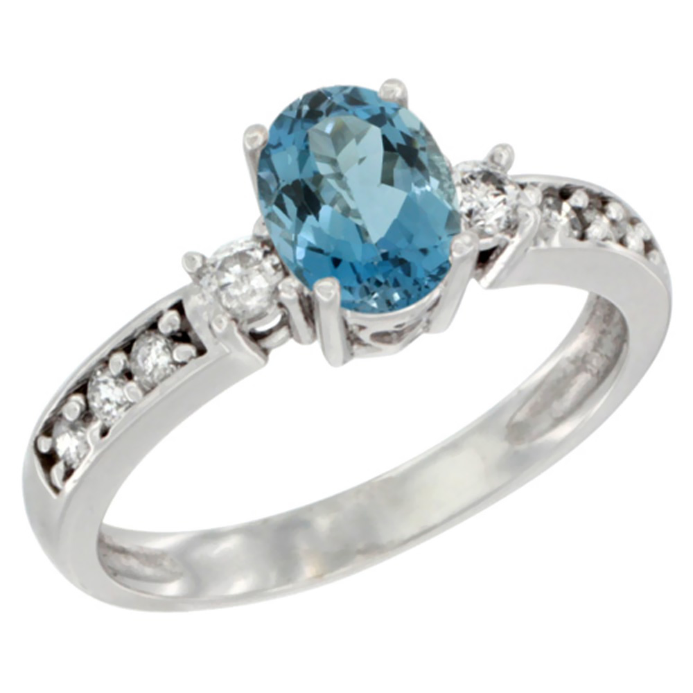 10k White Gold Natural London Blue Topaz Ring Oval 7x5 mm Diamond Accent, sizes 5 - 10