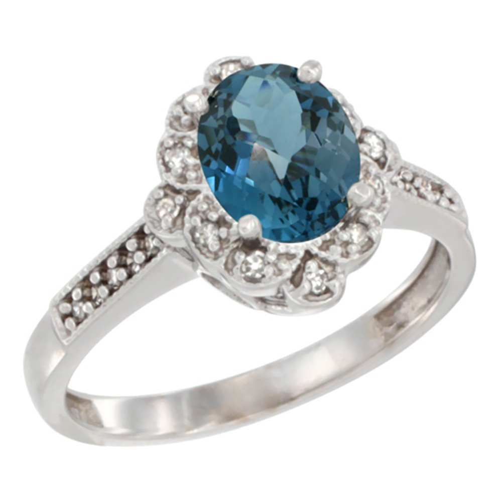 10K White Gold Natural London Blue Topaz Ring Oval 8x6 mm Floral Diamond Halo, sizes 5 - 10