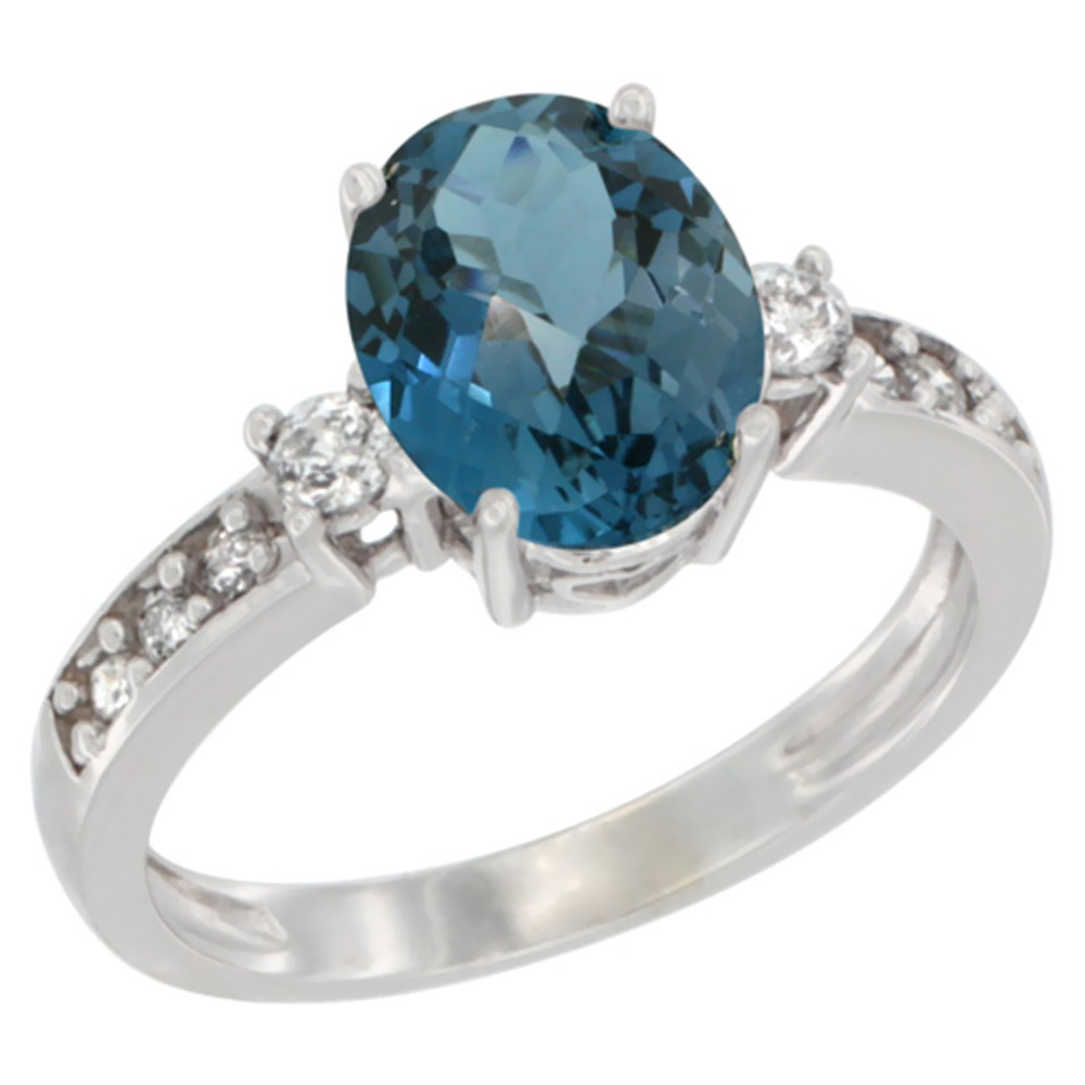 10K White Gold Natural London Blue Topaz Ring Oval 9x7 mm Diamond Accent, sizes 5 - 10