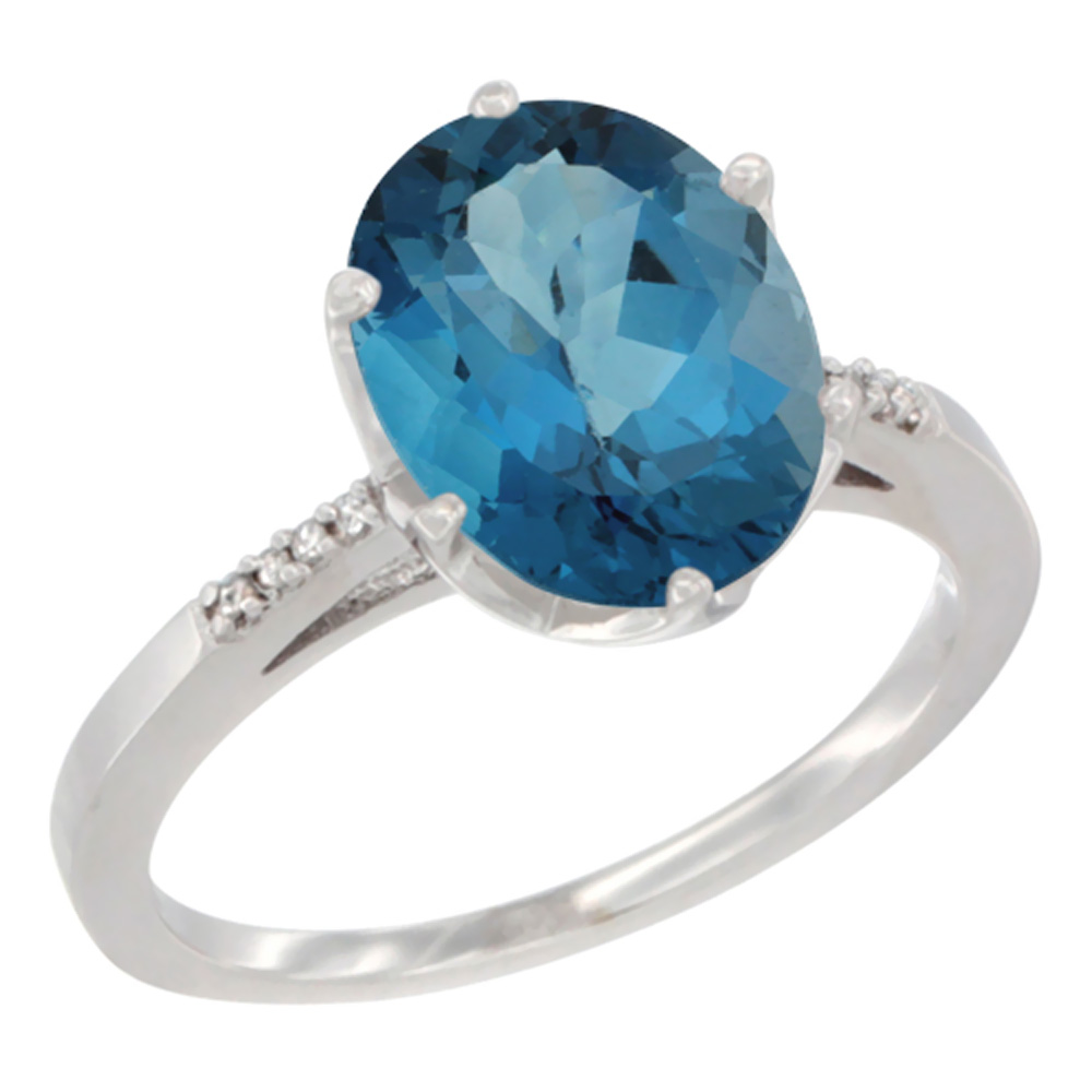 14K White Gold Natural London Blue Topaz Engagement Ring 10x8 mm Oval, sizes 5 - 10