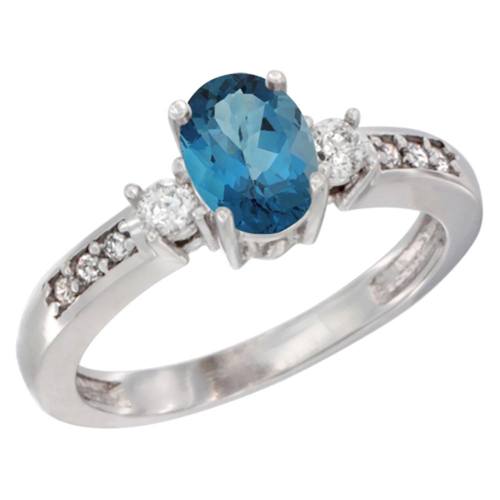 10K Yellow Gold Diamond Natural London Blue Topaz Engagement Ring Oval 7x5 mm, sizes 5 - 10