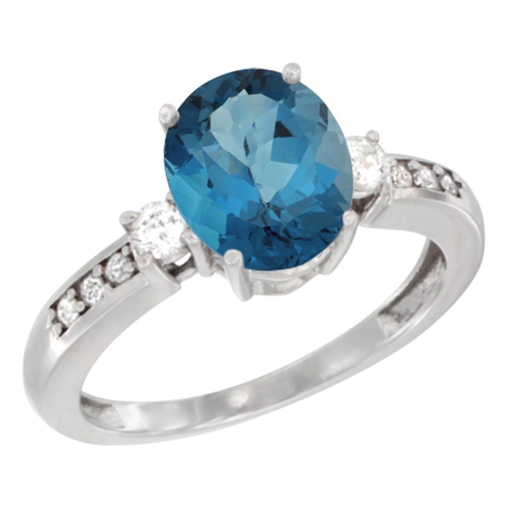 10k White Gold Natural London Blue Topaz Ring Oval 9x7 mm Diamond Accent, sizes 5 - 10