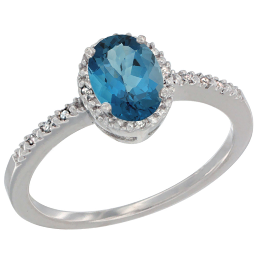14K White Gold Diamond Natural London Blue Topaz Engagement Ring Oval 7x5 mm, sizes 5 - 10