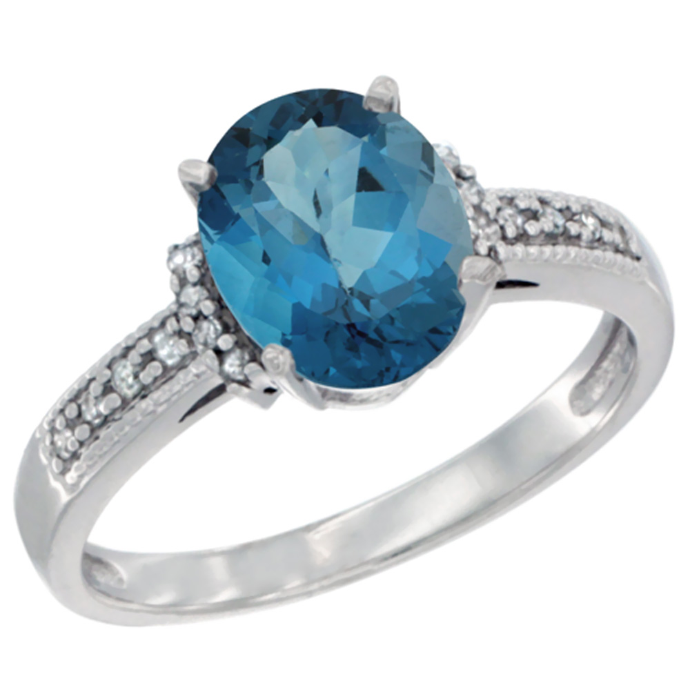 10K White Gold Natural London Blue Topaz Ring Oval 9x7 mm Diamond Accent, sizes 5 - 10