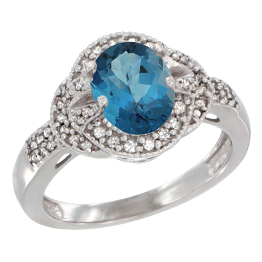 14K White Gold Natural London Blue Topaz Ring Oval 8x6 mm Diamond Accent, sizes 5 - 10