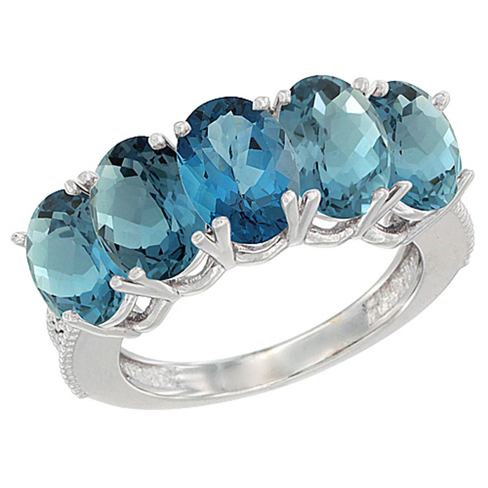 10K White Gold Natural London Blue Topaz 1 ct. Oval 7x5mm 5-Stone Mother's Ring with Diamond Accents, sizes 5 to 10 with half sizes