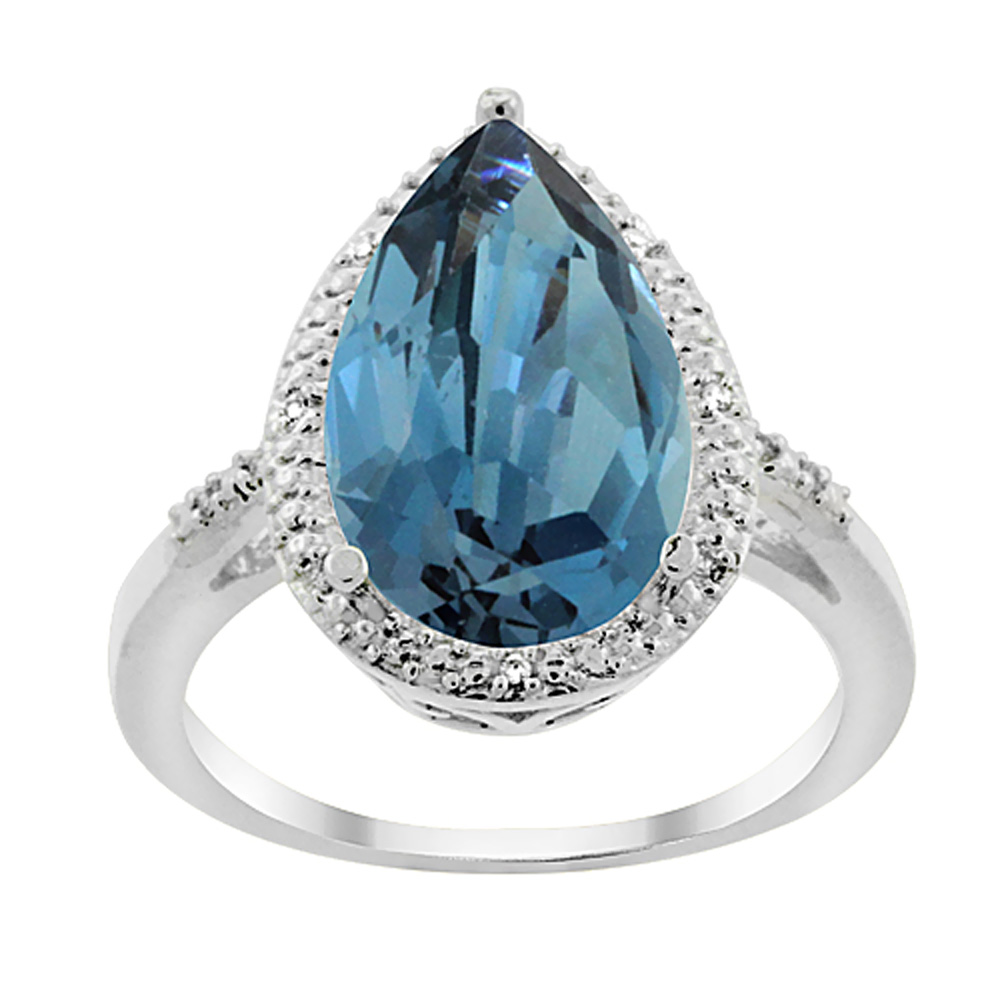 14K White Gold Natural London Blue Topaz Ring Pear Shape 10x15 mm Diamond Accent, sizes 5 - 10