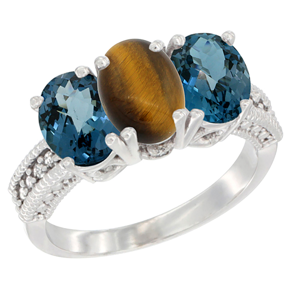 10K White Gold Natural Tiger Eye & London Blue Topaz Sides Ring 3-Stone Oval 7x5 mm Diamond Accent, sizes 5 - 10