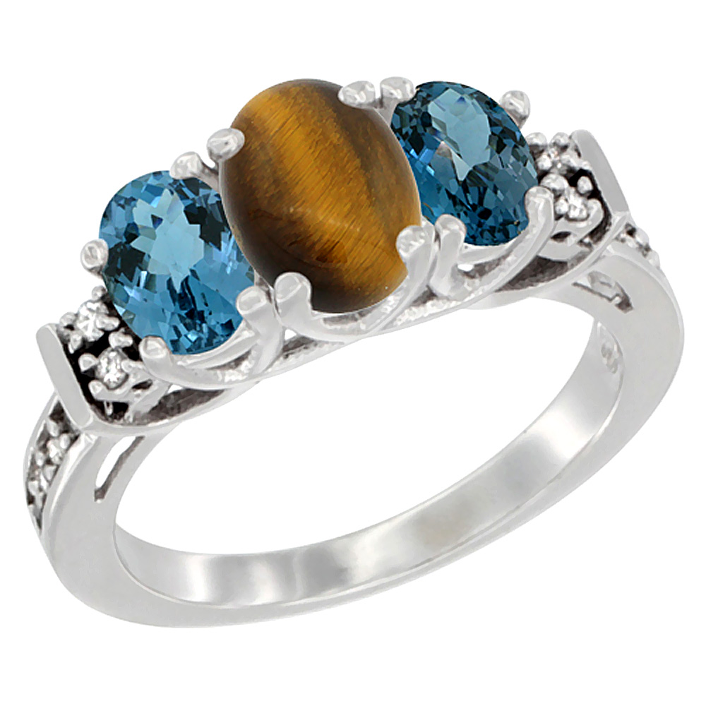14K White Gold Natural Tiger Eye & London Blue Ring 3-Stone Oval Diamond Accent, sizes 5-10