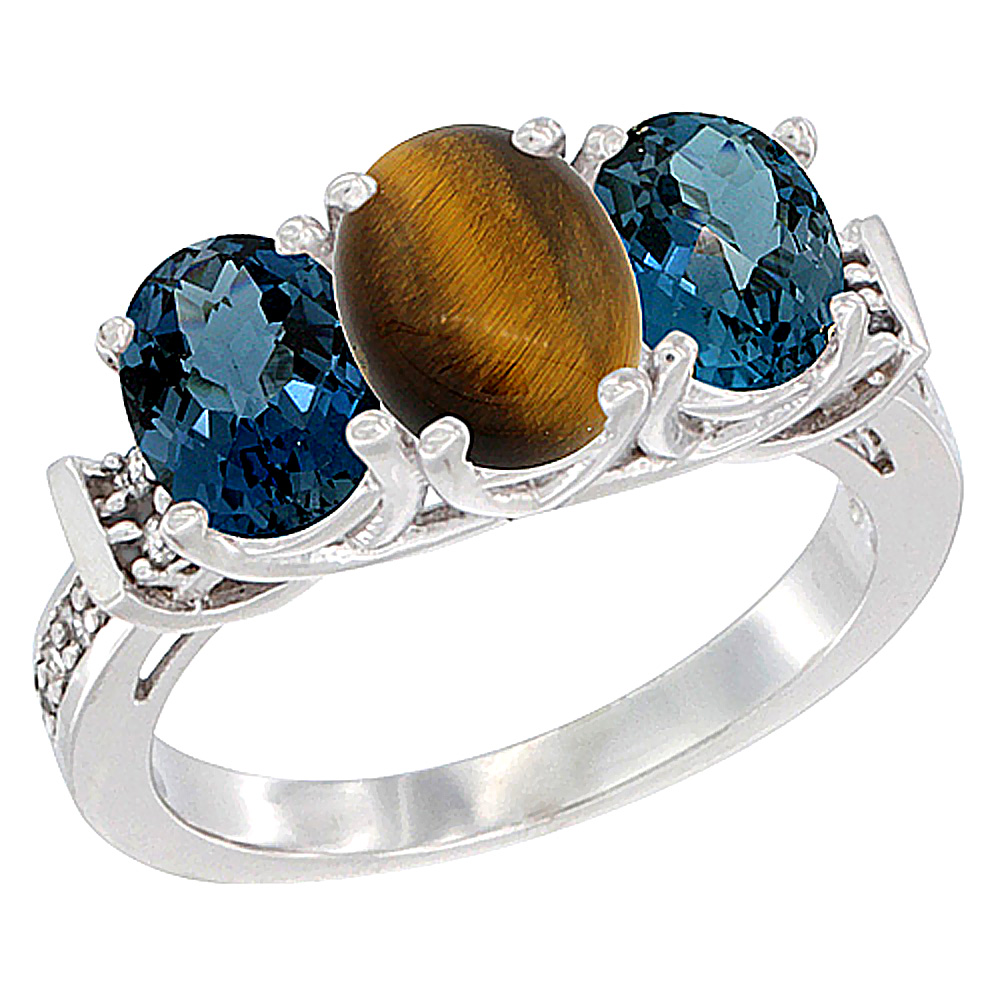 10K White Gold Natural Tiger Eye & London Blue Topaz Sides Ring 3-Stone Oval Diamond Accent, sizes 5 - 10