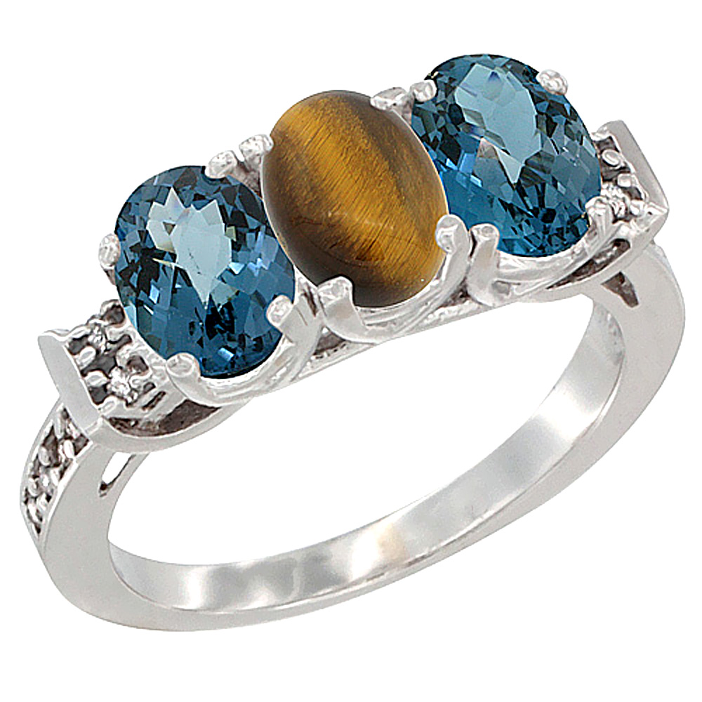 14K White Gold Natural Tiger Eye & London Blue Topaz Sides Ring 3-Stone 7x5 mm Oval Diamond Accent, sizes 5 - 10