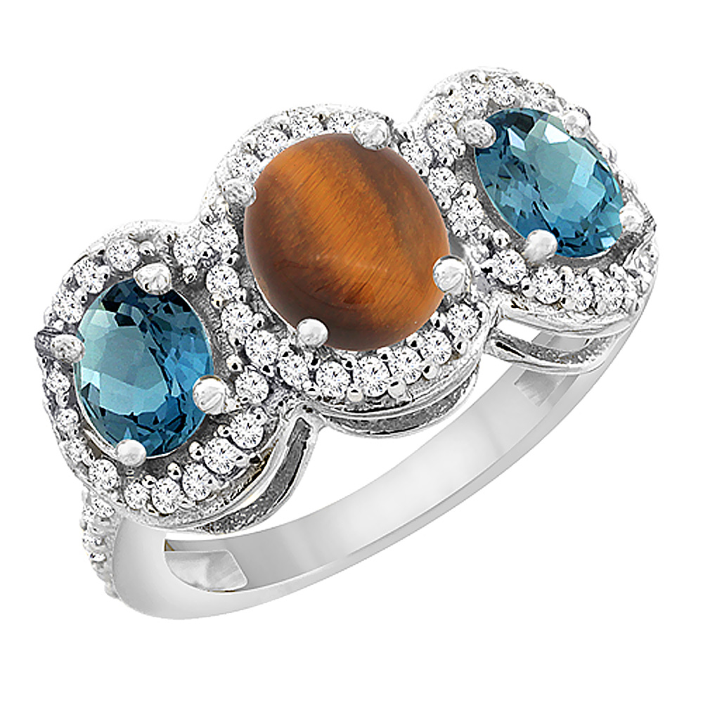 14K White Gold Natural Tiger Eye & London Blue Topaz 3-Stone Ring Oval Diamond Accent, sizes 5 - 10