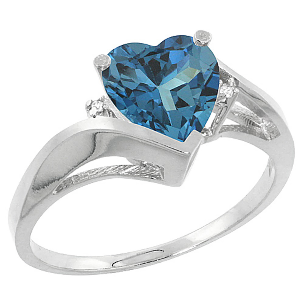 14K White Gold Natural London Blue Topaz Heart Ring 7mm Diamond Accent, sizes 5 - 10