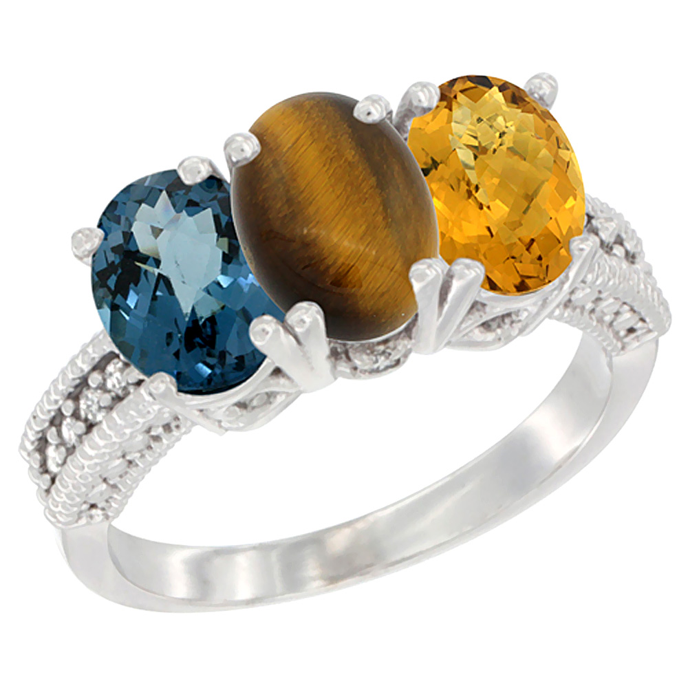 10K White Gold Natural London Blue Topaz, Tiger Eye & Whisky Quartz Ring 3-Stone Oval 7x5 mm Diamond Accent, sizes 5 - 10