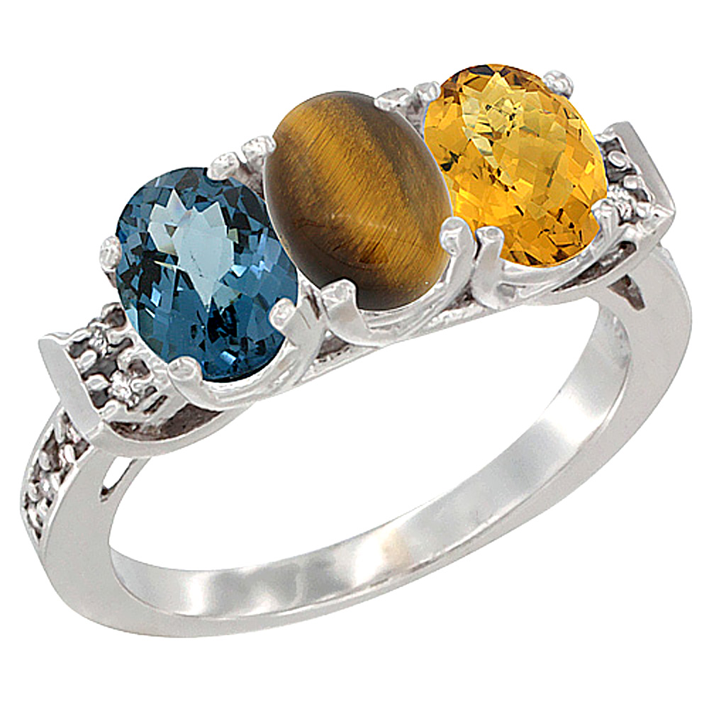 10K White Gold Natural London Blue Topaz, Tiger Eye &amp; Whisky Quartz Ring 3-Stone Oval 7x5 mm Diamond Accent, sizes 5 - 10