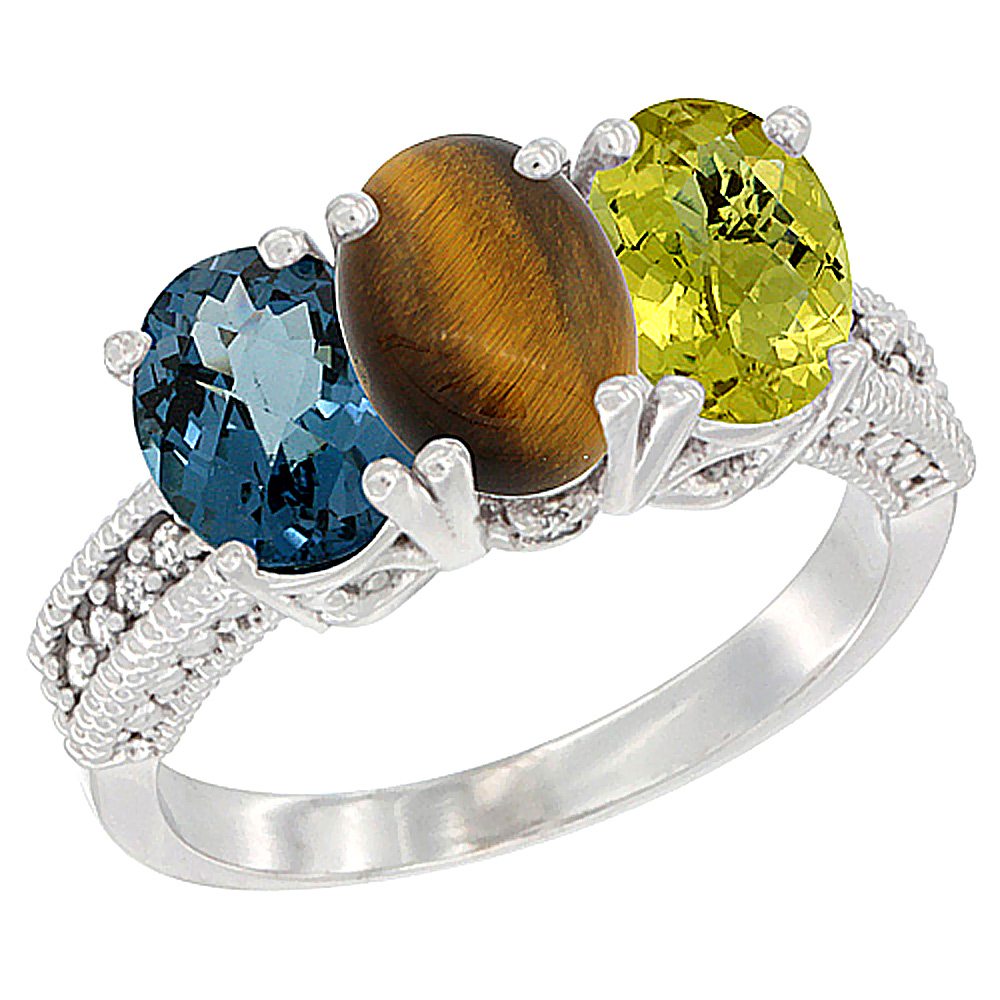 10K White Gold Natural London Blue Topaz, Tiger Eye &amp; Lemon Quartz Ring 3-Stone Oval 7x5 mm Diamond Accent, sizes 5 - 10