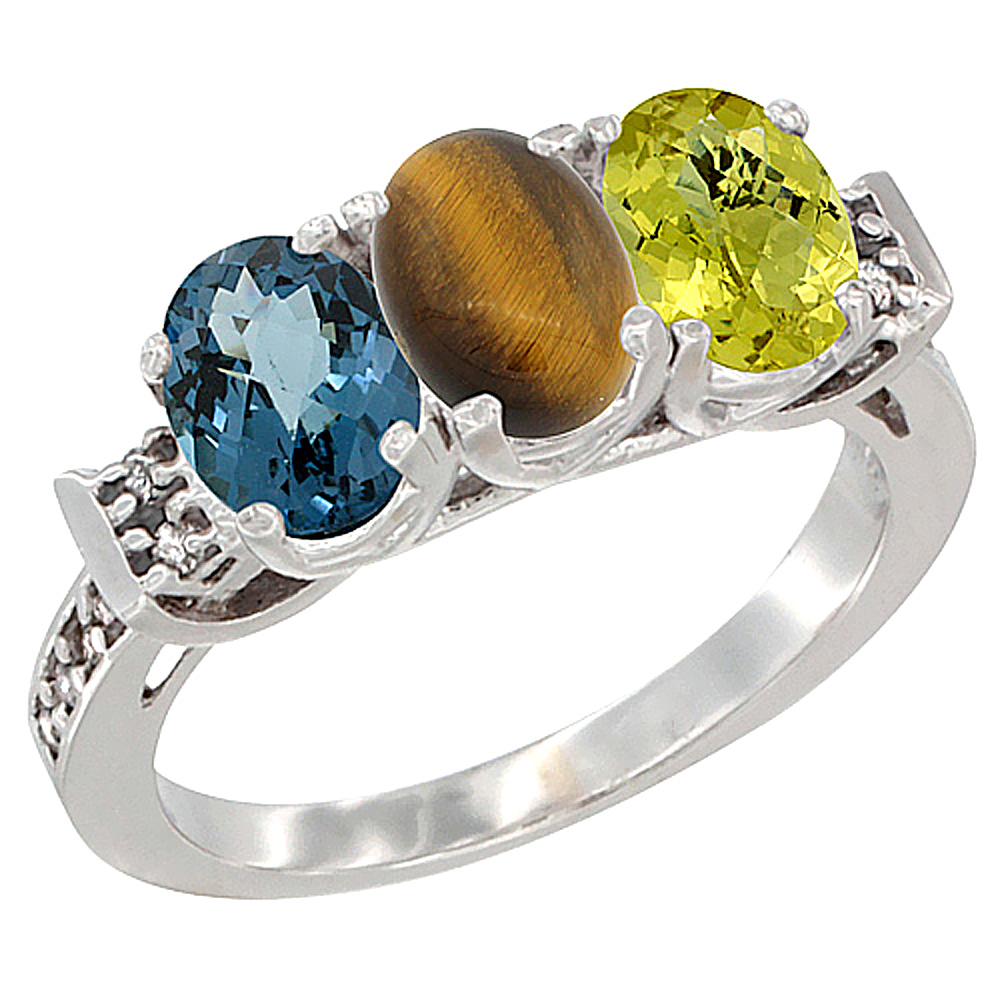 14K White Gold Natural London Blue Topaz, Tiger Eye & Lemon Quartz Ring 3-Stone 7x5 mm Oval Diamond Accent, sizes 5 - 10