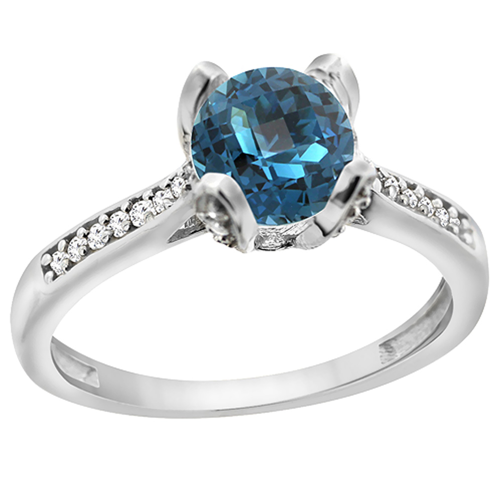 10K White Gold Diamond Natural London Blue Topaz Engagement Ring Round 7mm, sizes 5to10 w/half sizes