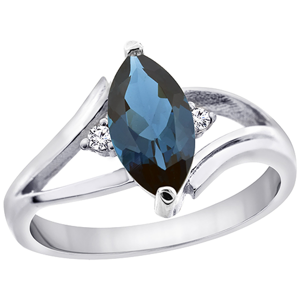 10K White Gold Natural London Blue Topaz Ring Marquise 10x5 mm Diamond Accent, sizes 5 - 10 with half sizes