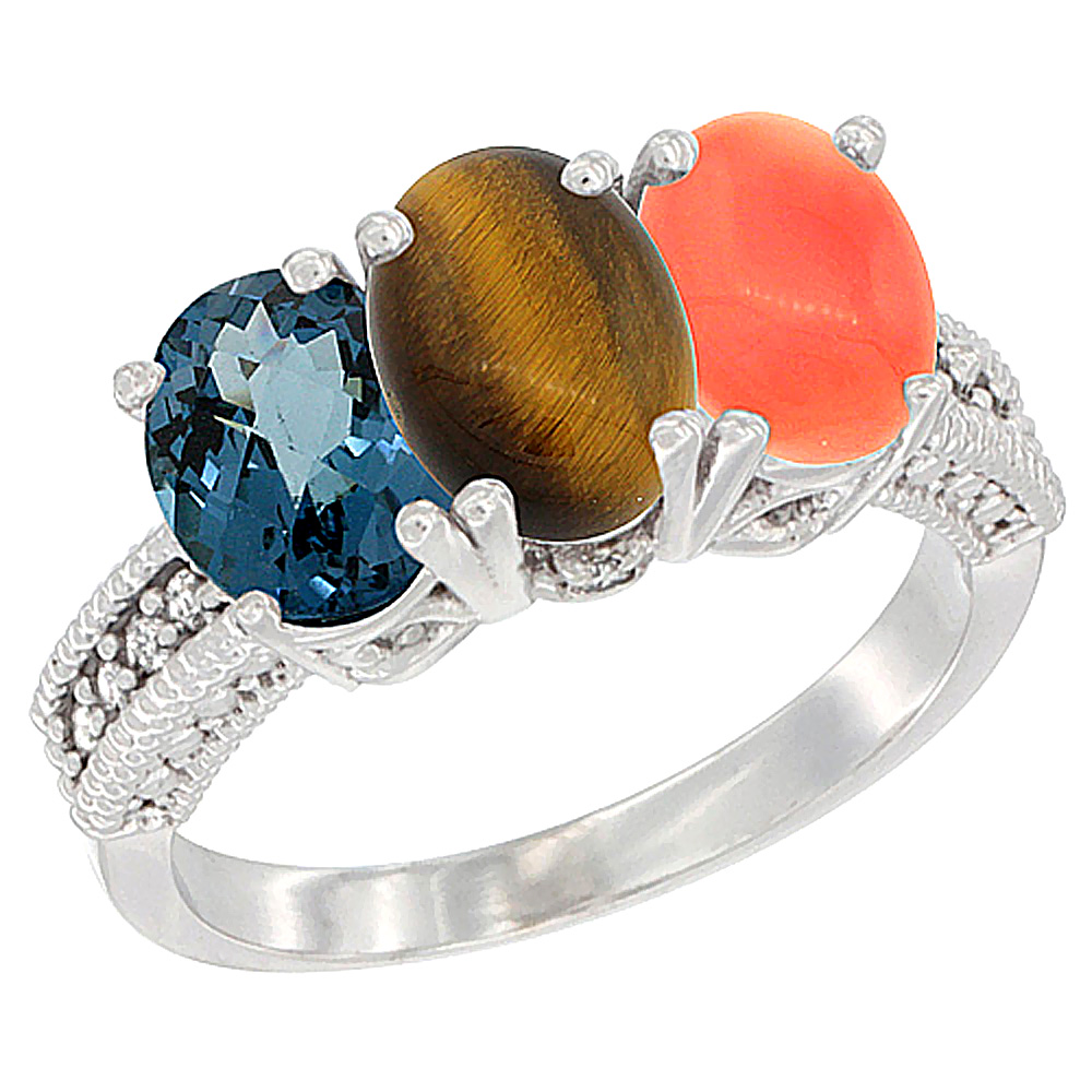 10K White Gold Natural London Blue Topaz, Tiger Eye & Coral Ring 3-Stone Oval 7x5 mm Diamond Accent, sizes 5 - 10