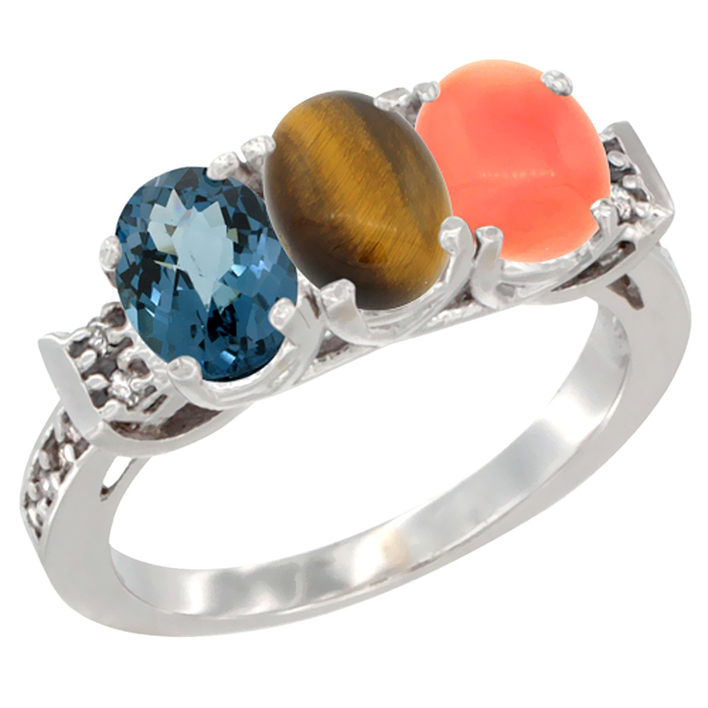 14K White Gold Natural London Blue Topaz, Tiger Eye & Coral Ring 3-Stone 7x5 mm Oval Diamond Accent, sizes 5 - 10