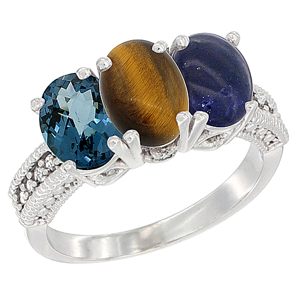 10K White Gold Natural London Blue Topaz, Tiger Eye & Lapis Ring 3-Stone Oval 7x5 mm Diamond Accent, sizes 5 - 10