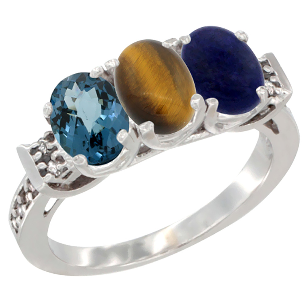 10K White Gold Natural London Blue Topaz, Tiger Eye &amp; Lapis Ring 3-Stone Oval 7x5 mm Diamond Accent, sizes 5 - 10